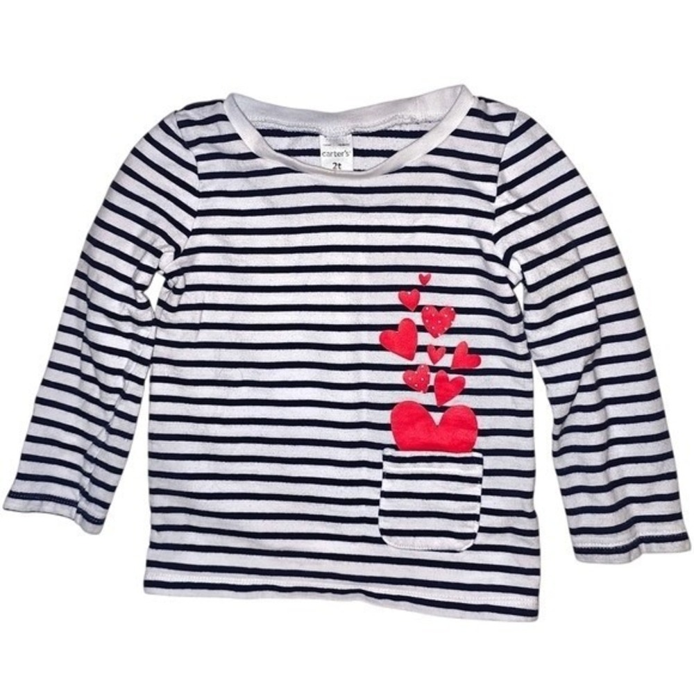 Toddler Girl Shirt Casual Navy Striped Heart Pocket Tee Carter's 2T Valentine